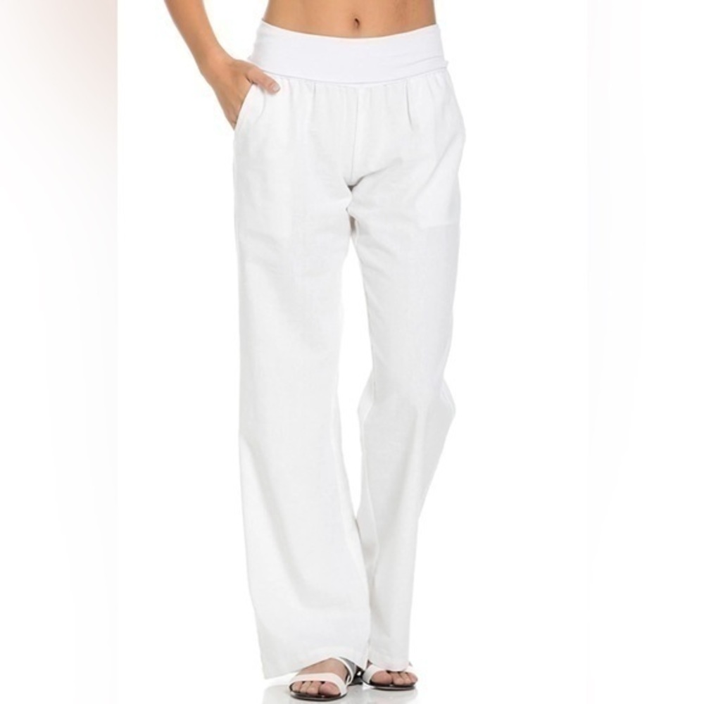 Poplooks Pants Womens L Linen Comfy Foldover Lightweight Breathable Pockets Wide